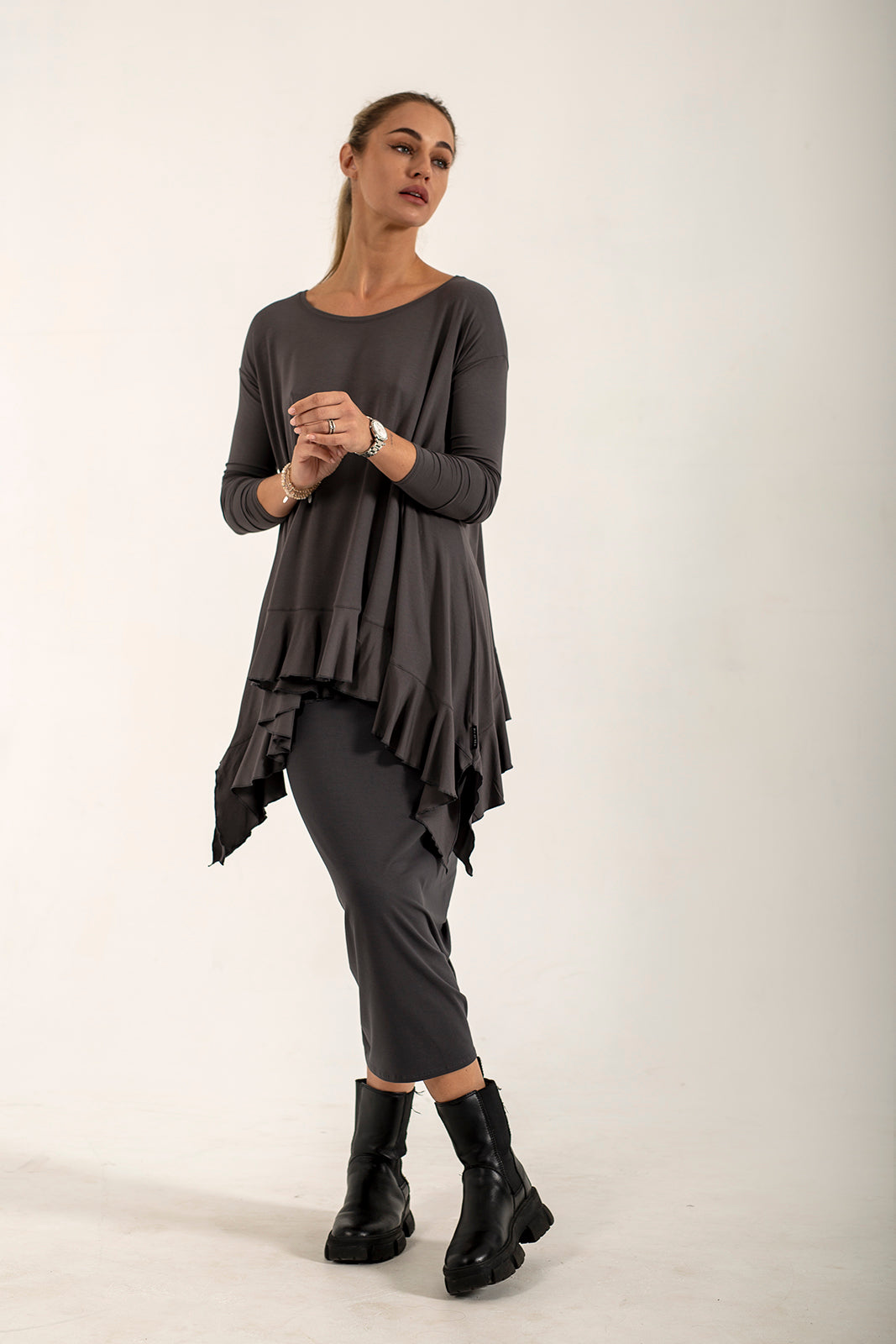 Monique Viscose Jersey Frill Hem Tunic (Lead)