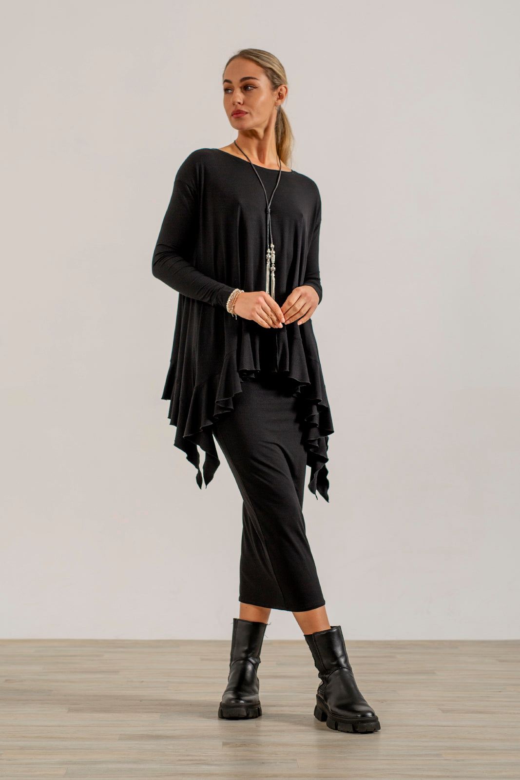Monique Viscose Jersey Frill Hem Tunic (black)