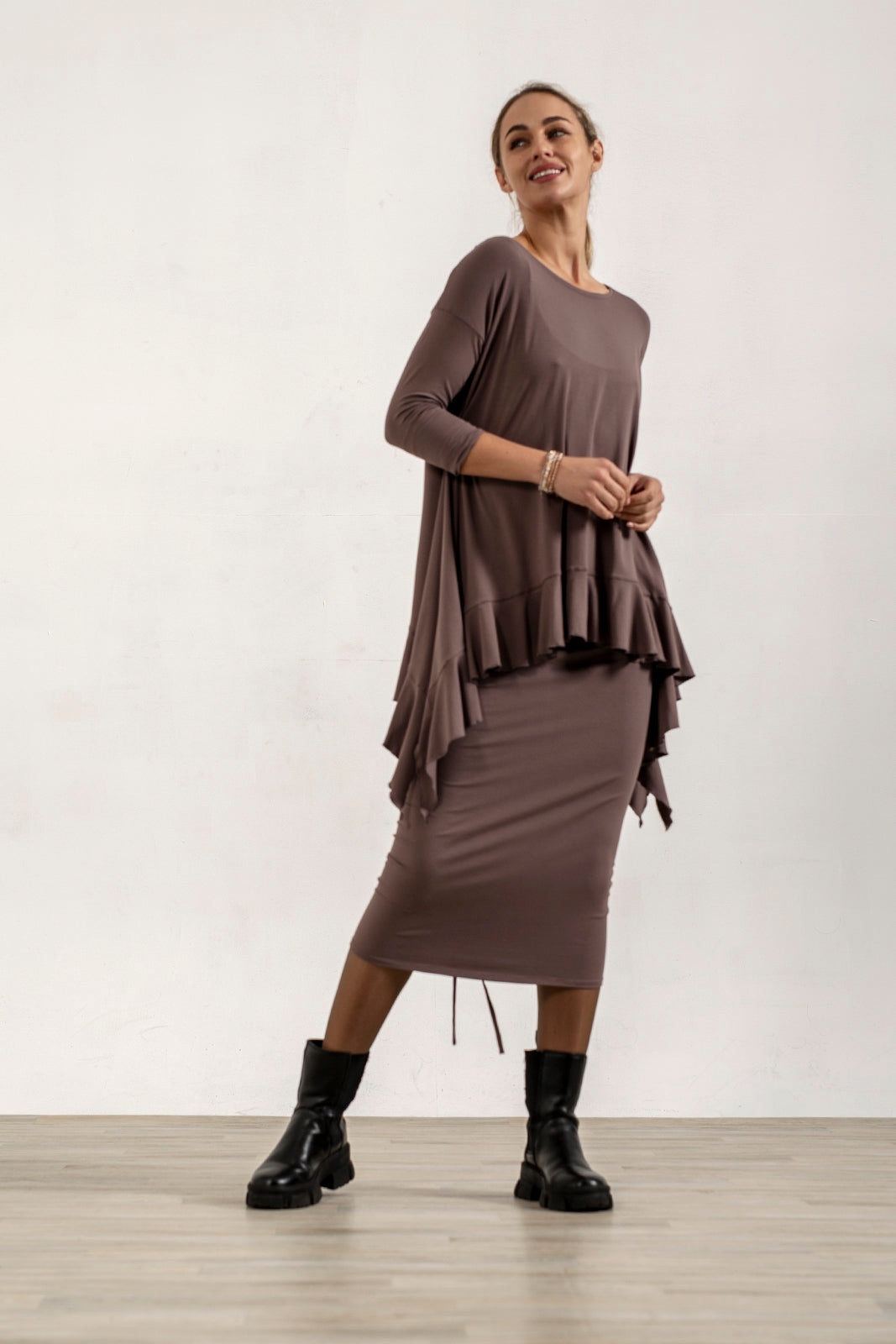 Monique Viscose Jersey Frill Hem Tunic (Mink)