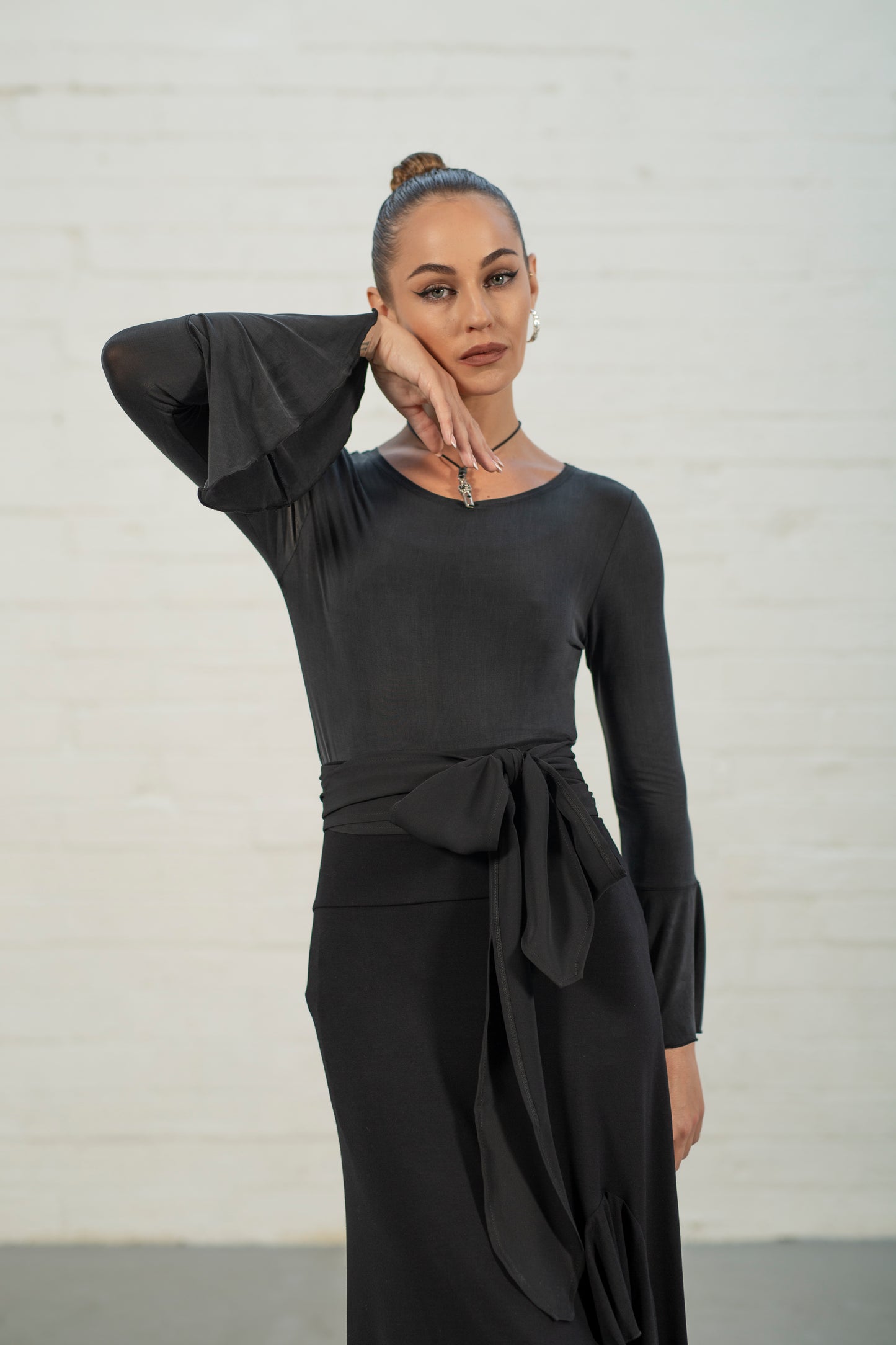 Rhea Flute Sleeve Top - Silky Black Jersey