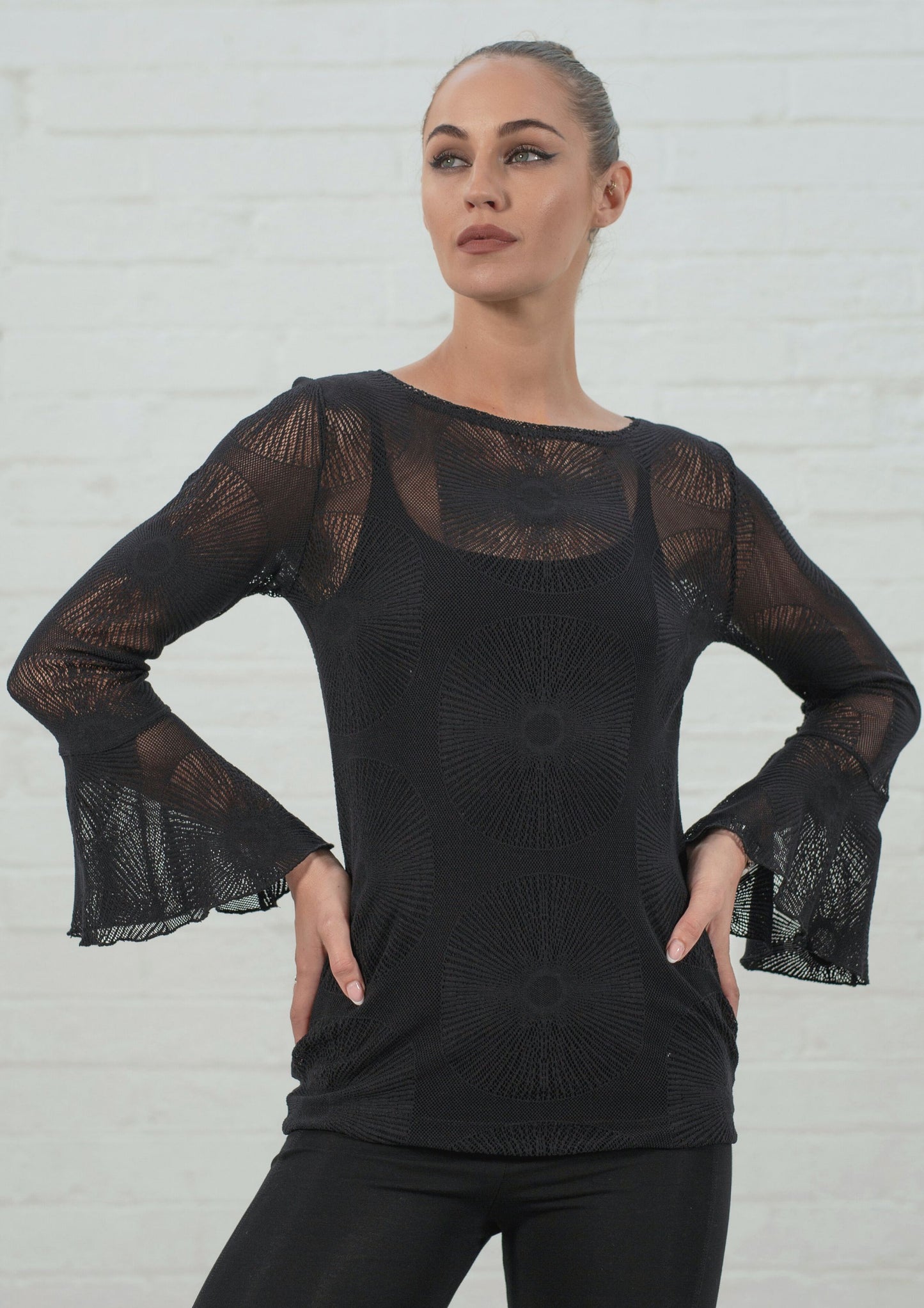 Rhea Flute Sleeve Top - Black Lace