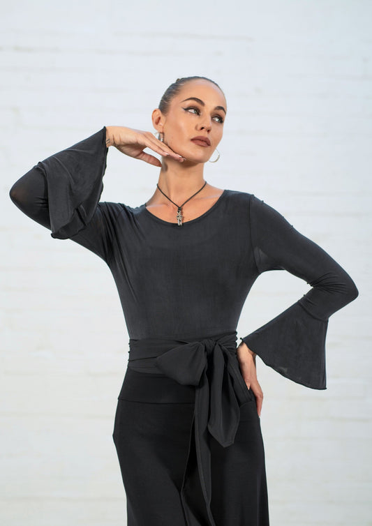 Rhea Flute Sleeve Top - Silky Black Jersey