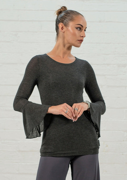 Rhea Flute Sleeve Top - Grey Melange Jersey