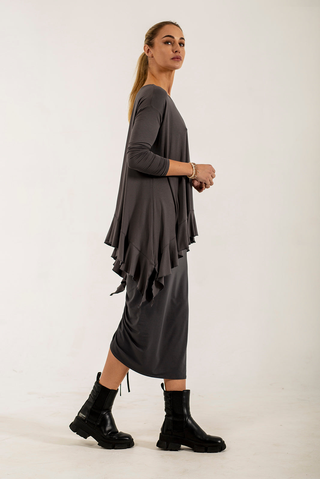 Monique Viscose Jersey Frill Hem Tunic (Lead)