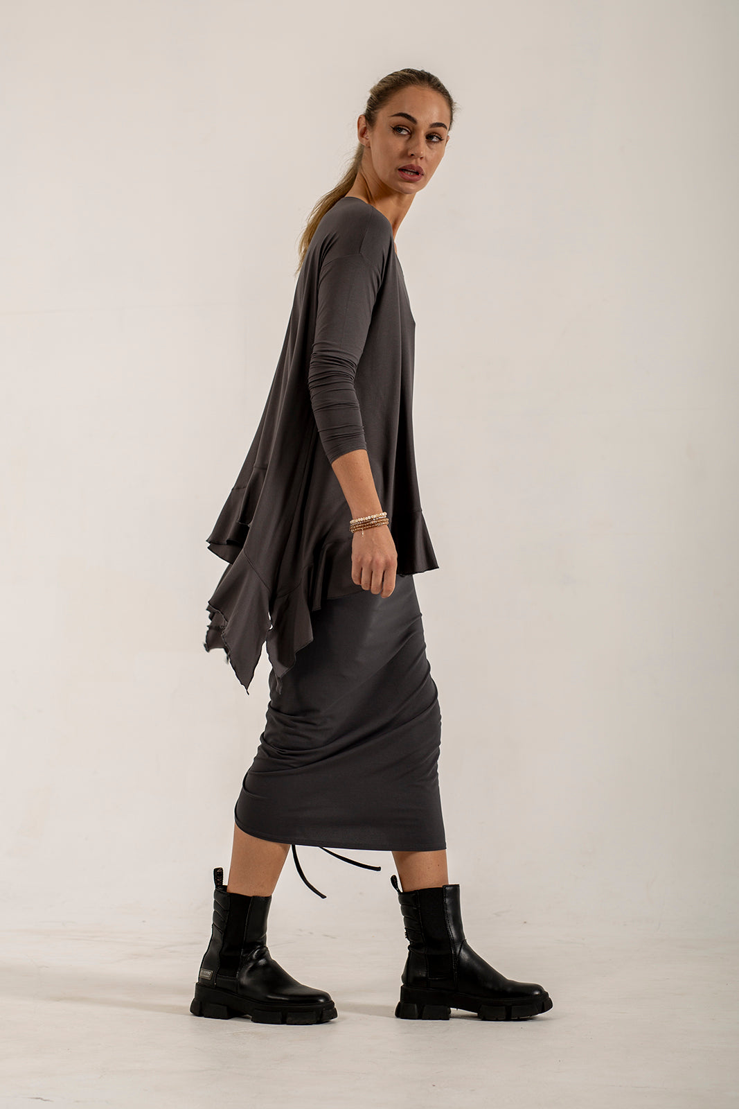 Monique Viscose Jersey Frill Hem Tunic (Lead)