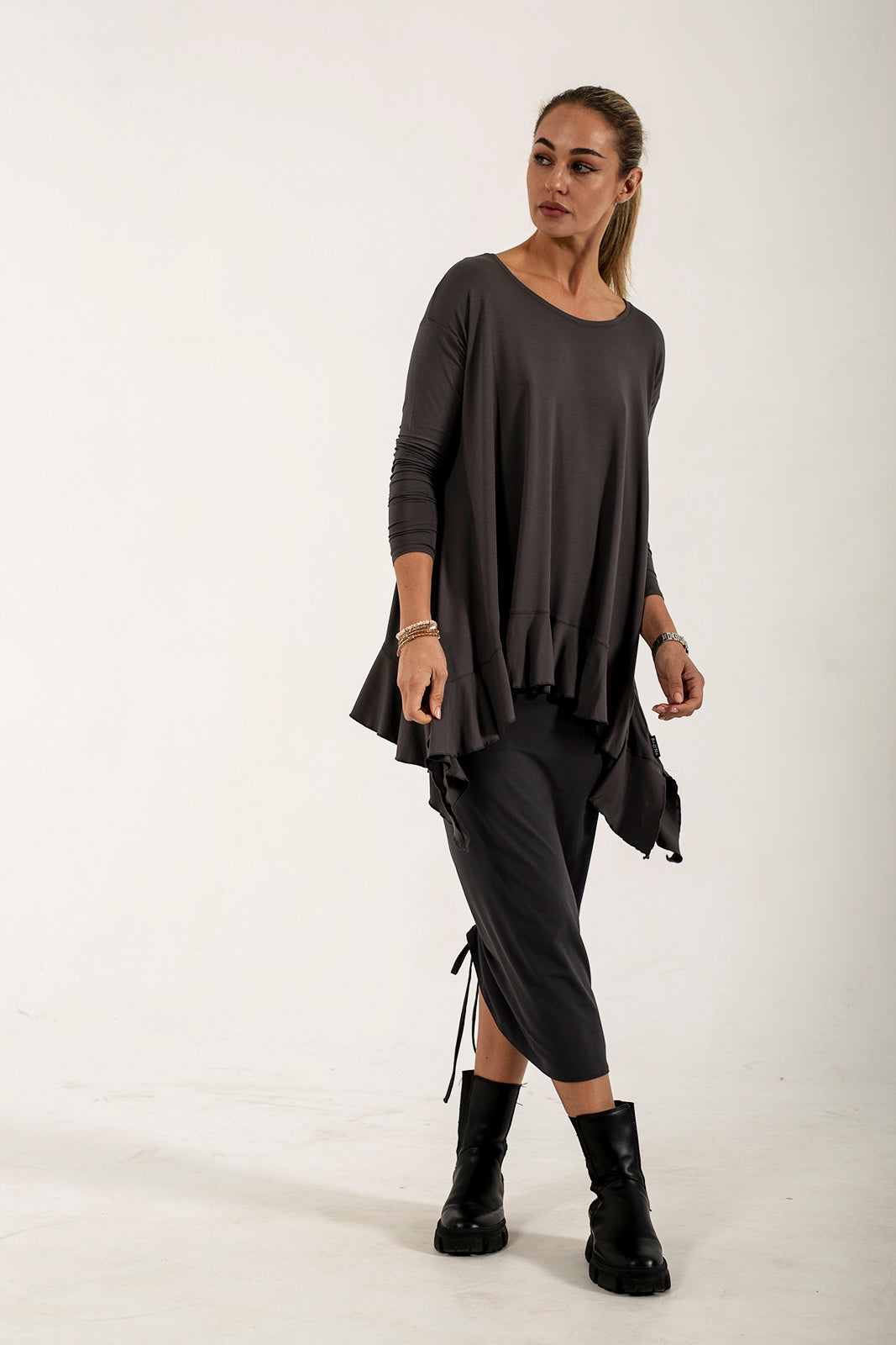 Monique Viscose Jersey Frill Hem Tunic (Lead)