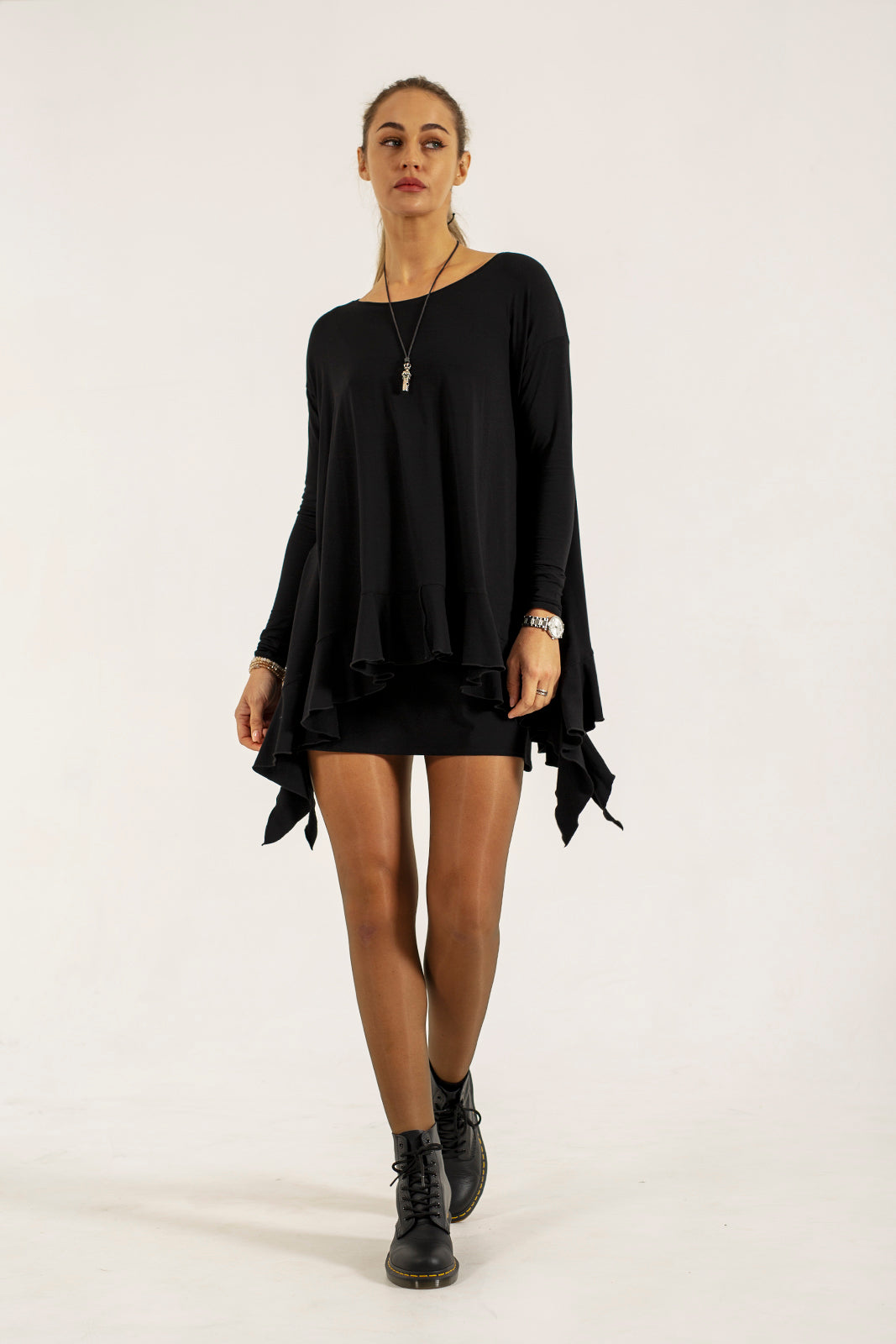 Monique Viscose Jersey Frill Hem Tunic (black)