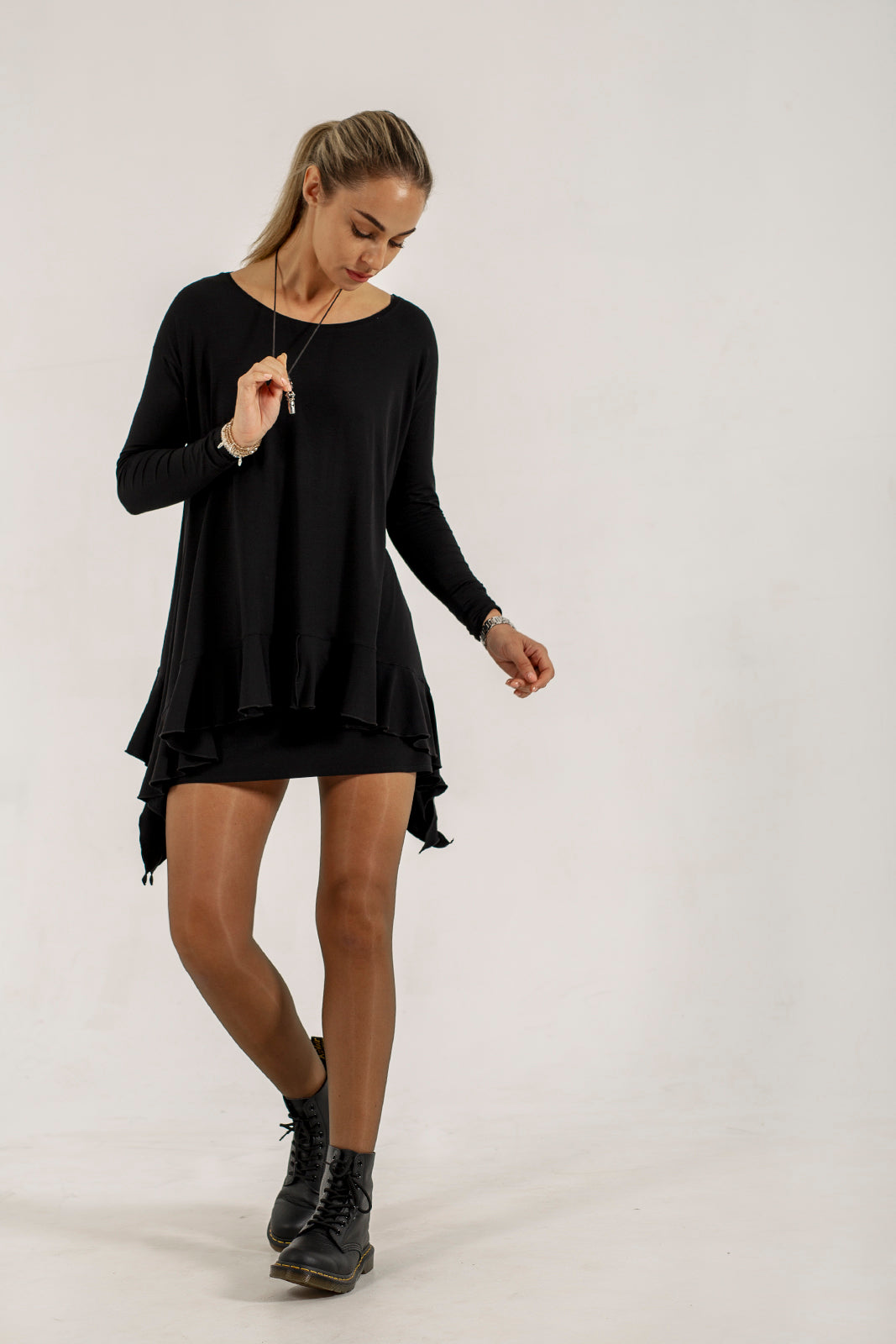 Monique Viscose Jersey Frill Hem Tunic (black)
