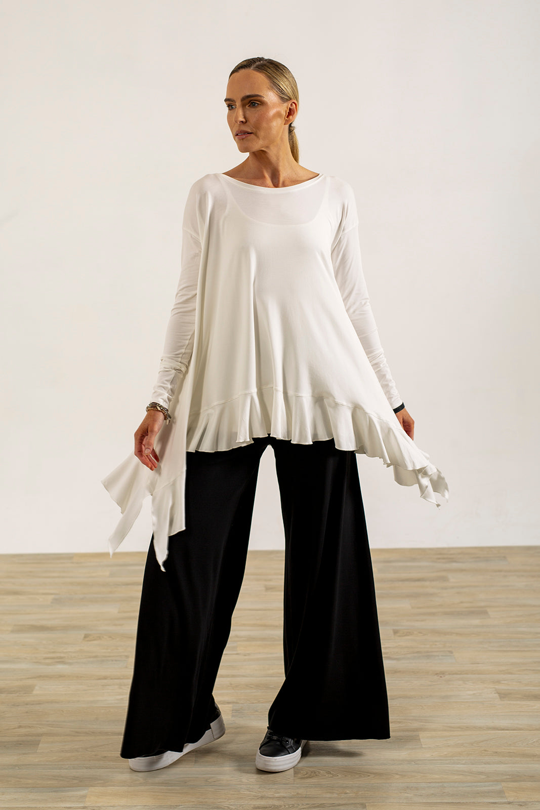 Monique Viscose Jersey Frill Hem Tunic (Soft White)