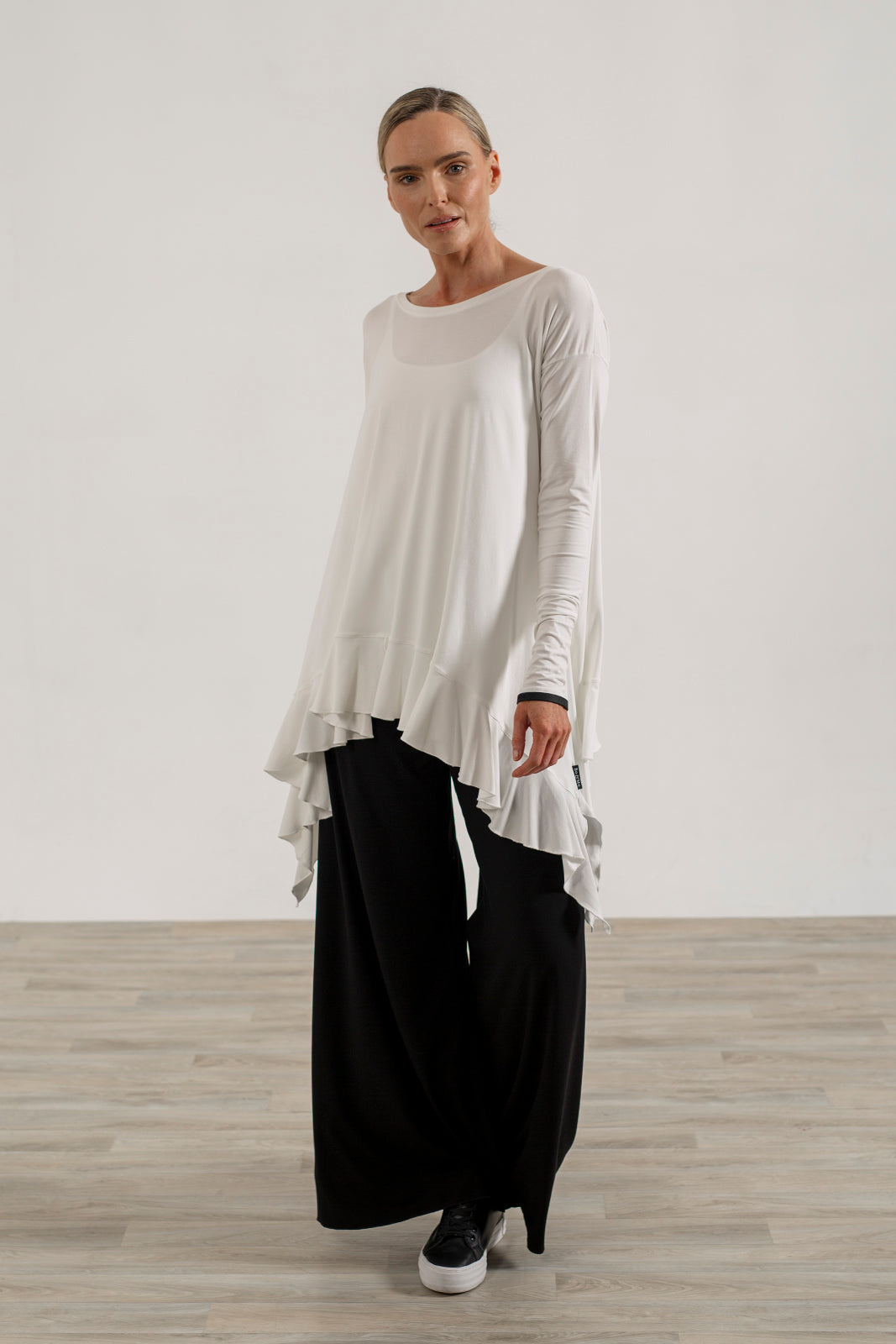 Monique Viscose Jersey Frill Hem Tunic (Soft White)