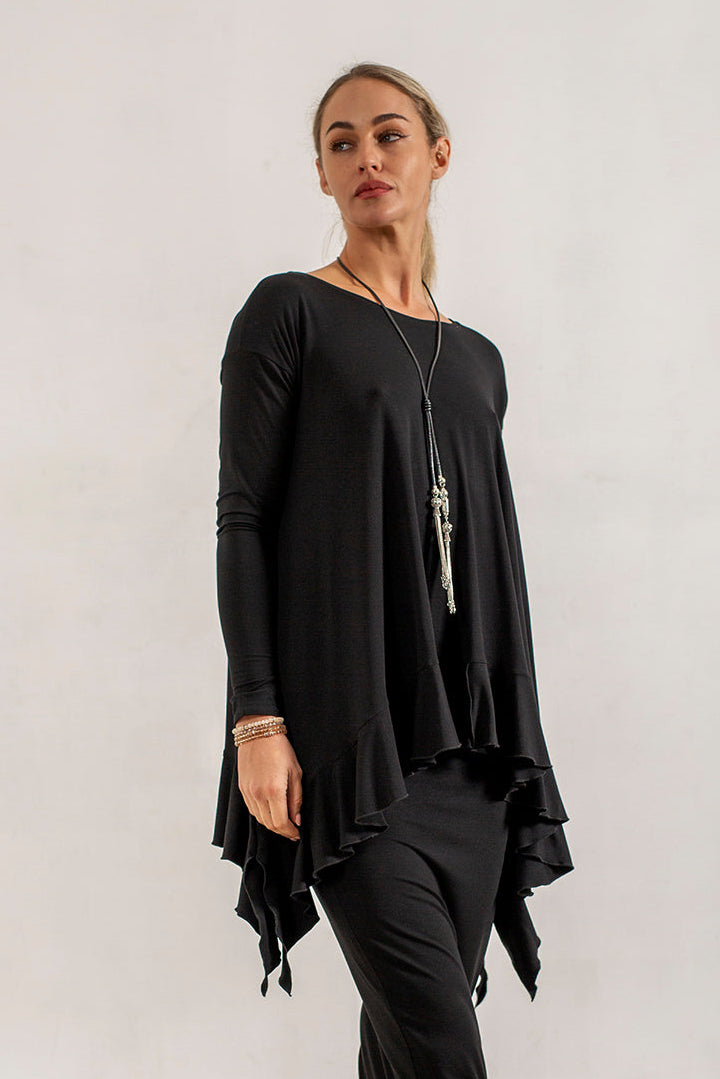Monique Viscose Jersey Frill Hem Tunic (black)