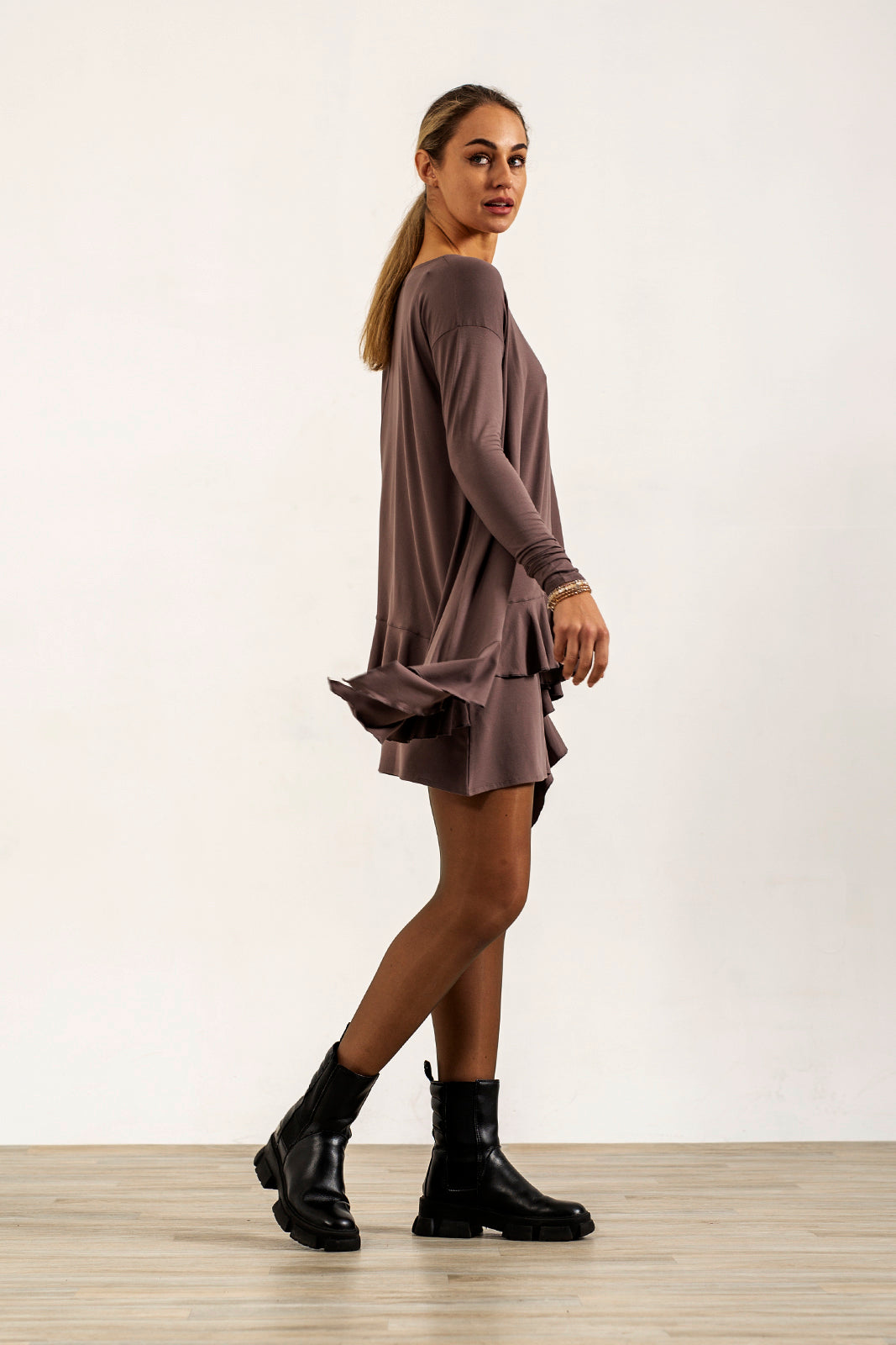 Monique Viscose Jersey Frill Hem Tunic (Mink)
