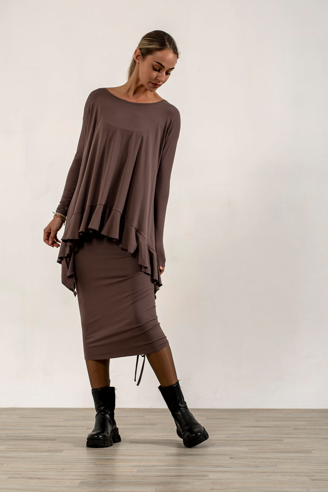Monique Viscose Jersey Frill Hem Tunic (Mink)