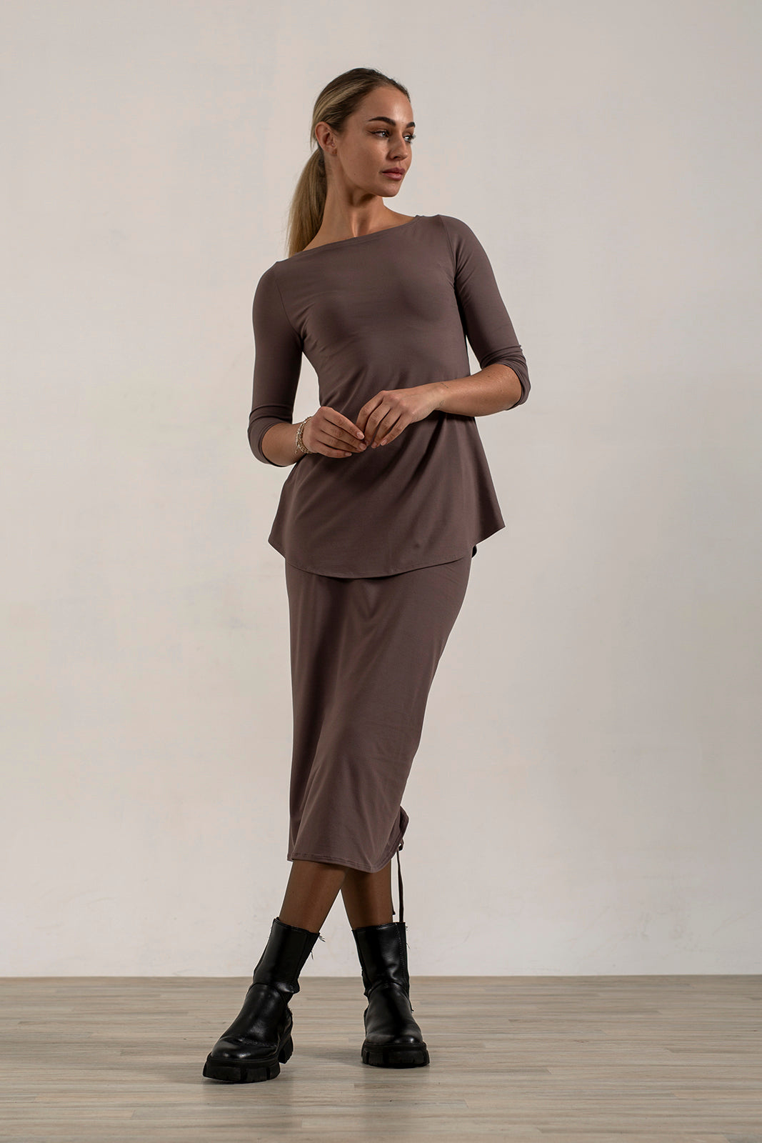 Ailsa 5/8 Sleeve Viscose Jersey Top (Mink)