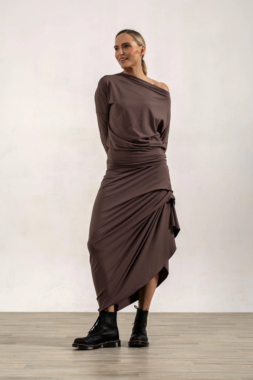 Harper Viscose Jersey Asymetrical Skirt (Mink)
