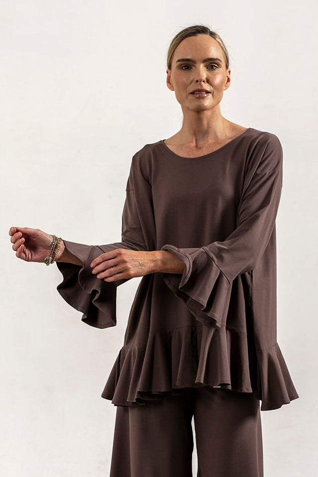 Blair Viscose Jersey Oversize Frill Hem Tunic (Mink)