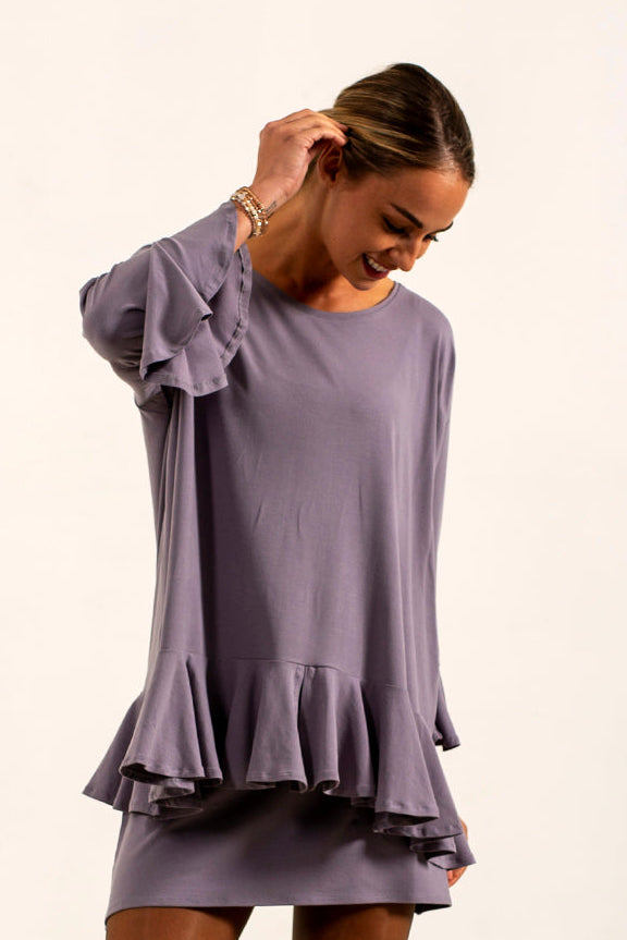 Blair Viscose Jersey Oversize Frill Hem Tunic (Silver Frost)