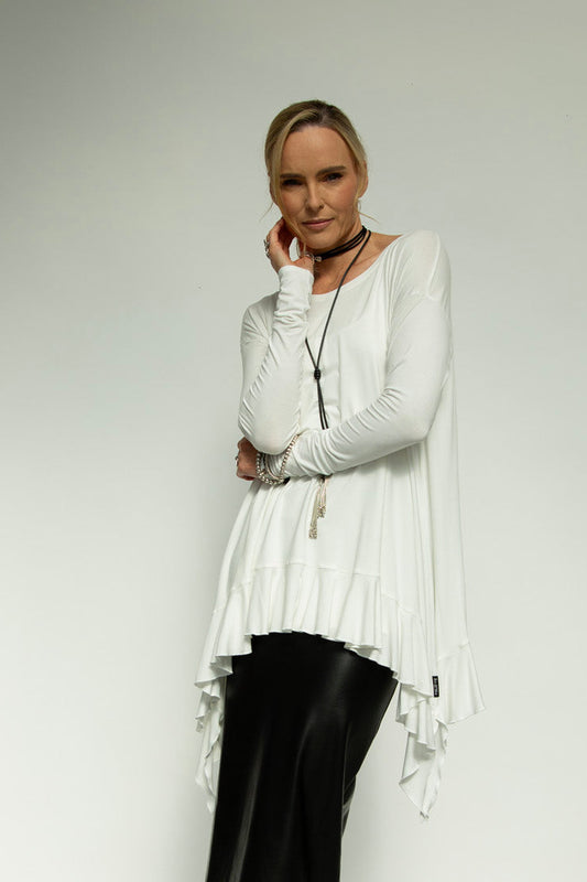 Monique Viscose Jersey Frill Hem Tunic (Soft White)