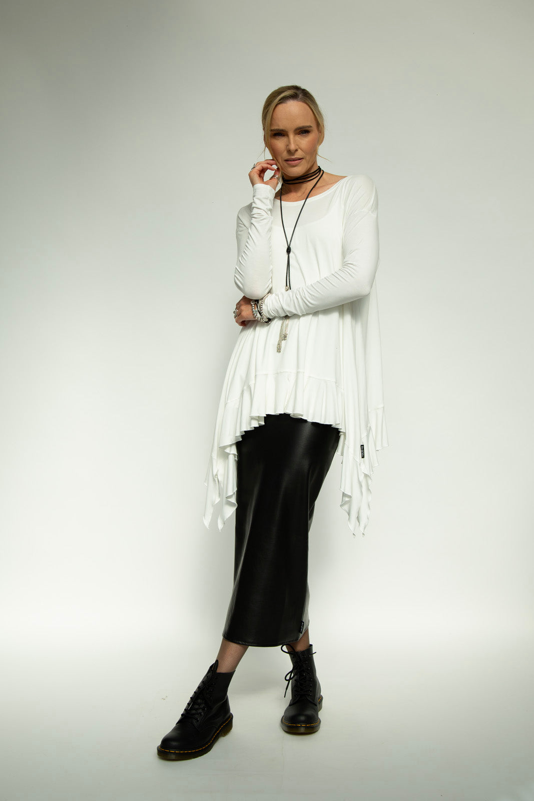 Monique Viscose Jersey Frill Hem Tunic (Soft White)