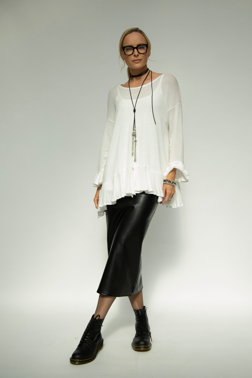 Blair Viscose Knit Oversize Frill Hem Tunic (Soft White)