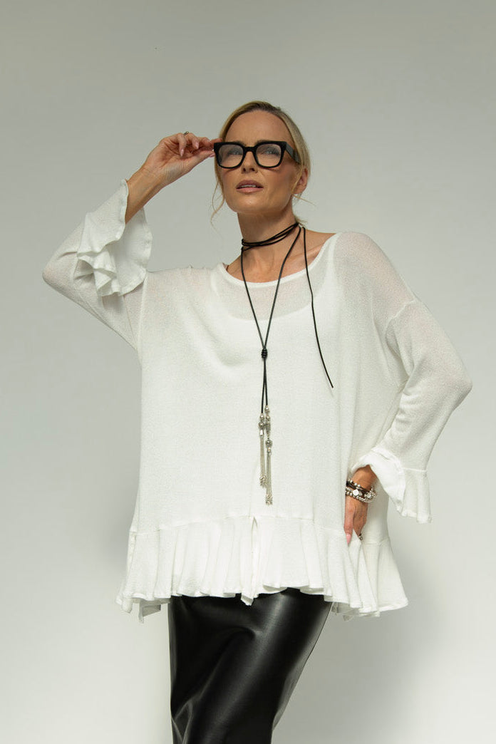 Blair Viscose Knit Oversize Frill Hem Tunic (Soft White)