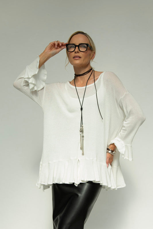 Blair Viscose Knit Oversize Frill Hem Tunic (Soft White)