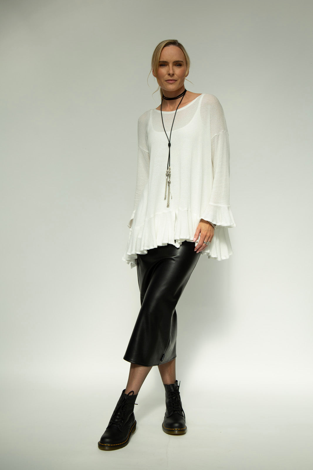 Blair Viscose Knit Oversize Frill Hem Tunic (Soft White)