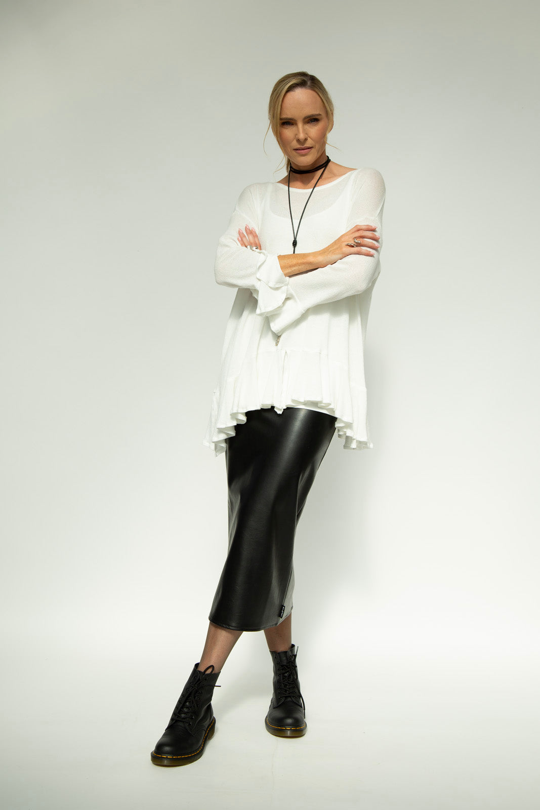 Blair Viscose Knit Oversize Frill Hem Tunic (Soft White)