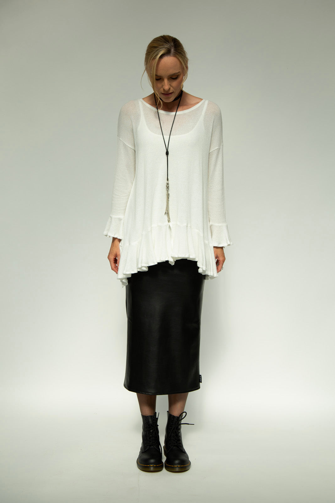 Blair Viscose Knit Oversize Frill Hem Tunic (Soft White)