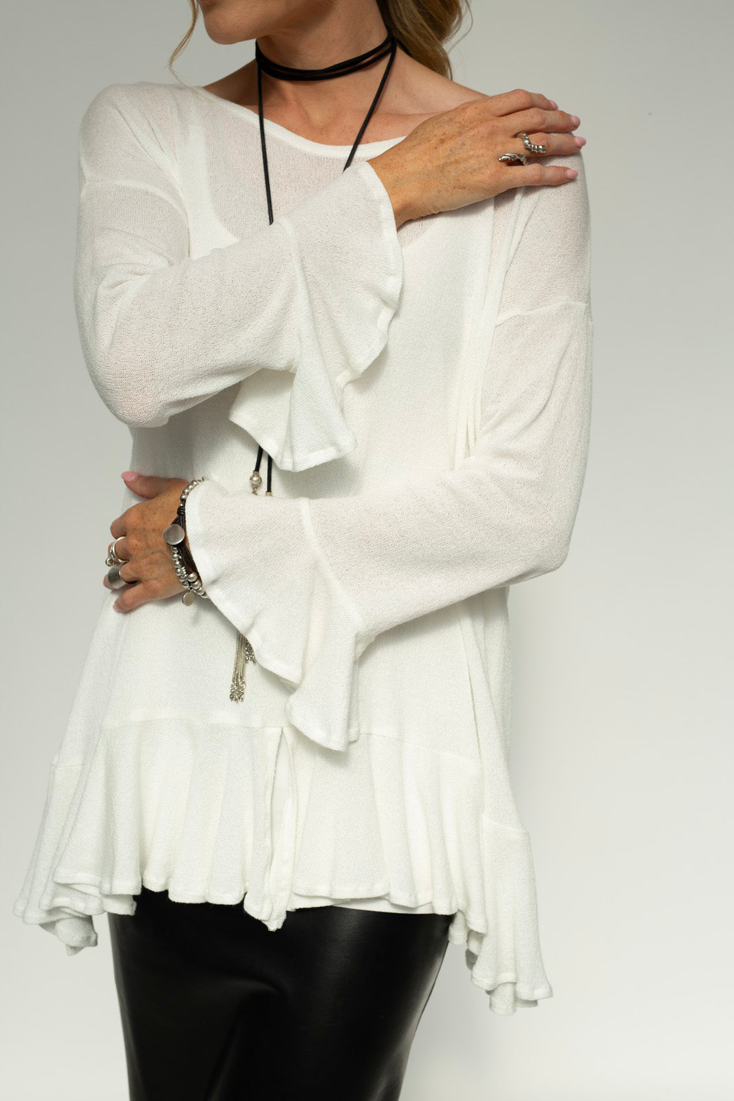 Blair Viscose Knit Oversize Frill Hem Tunic (Soft White)