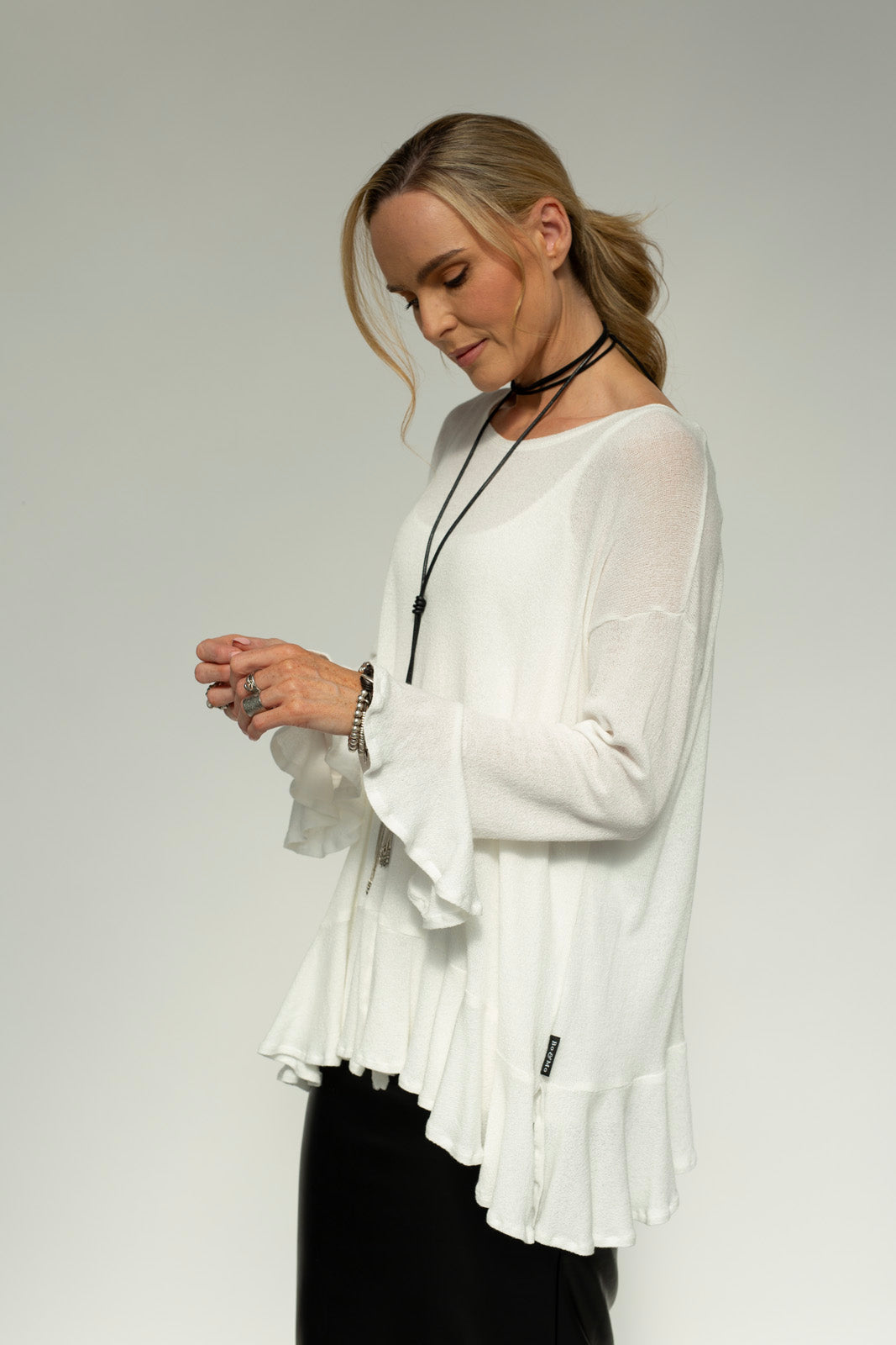 Blair Viscose Knit Oversize Frill Hem Tunic (Soft White)