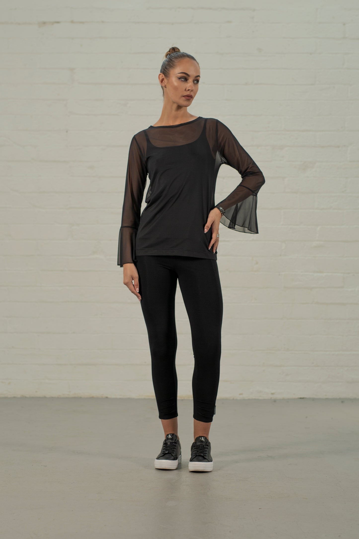 Rhea Flute Sleeve Top - Black Mesh