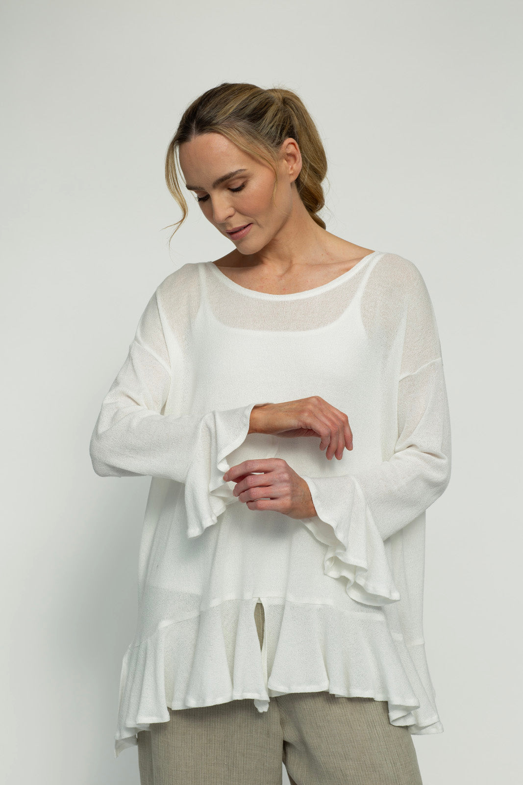 Blair Viscose Knit Oversize Frill Hem Tunic (Soft White)