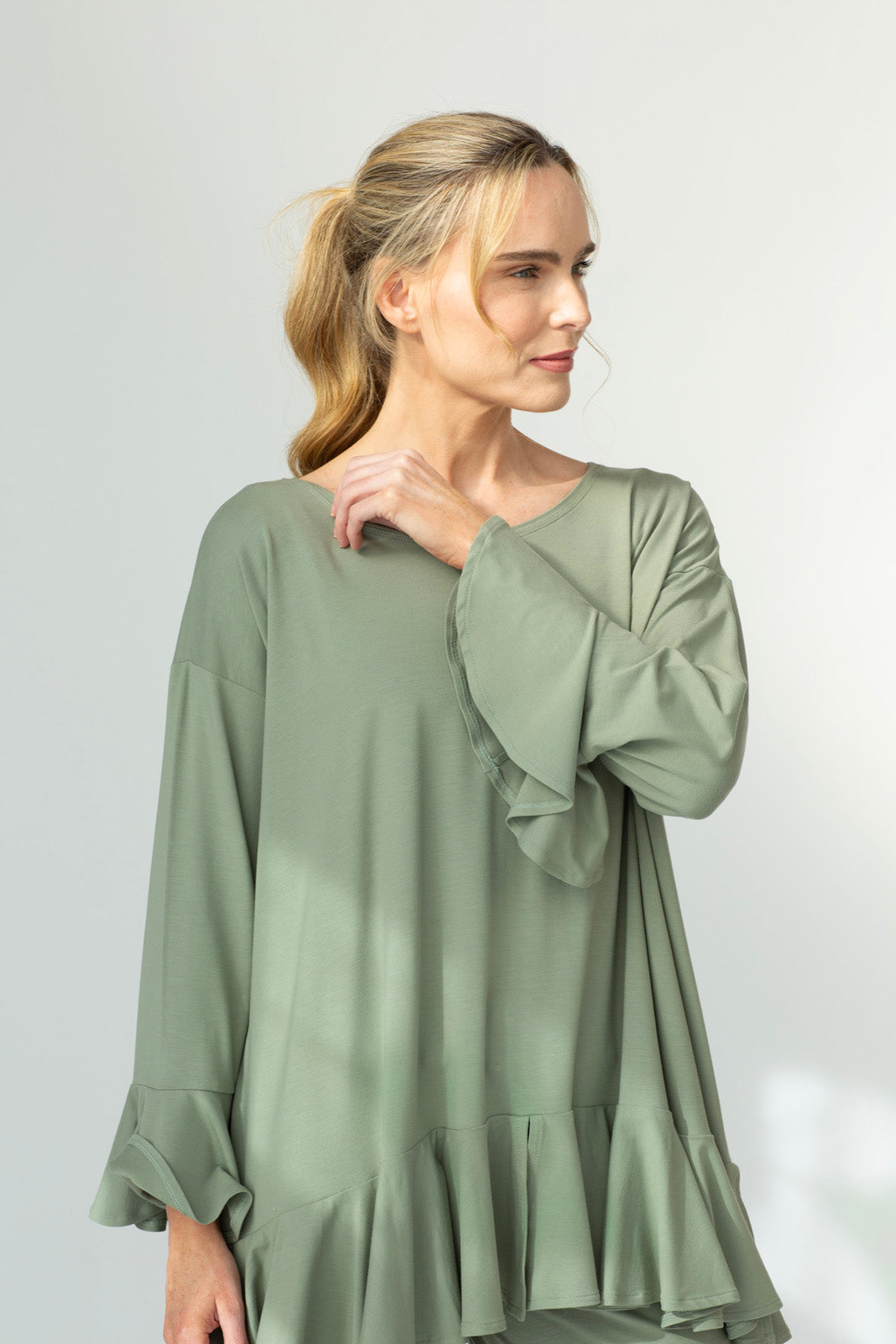 Blair Viscose Jersey Oversize Frill Hem Tunic (Olive)