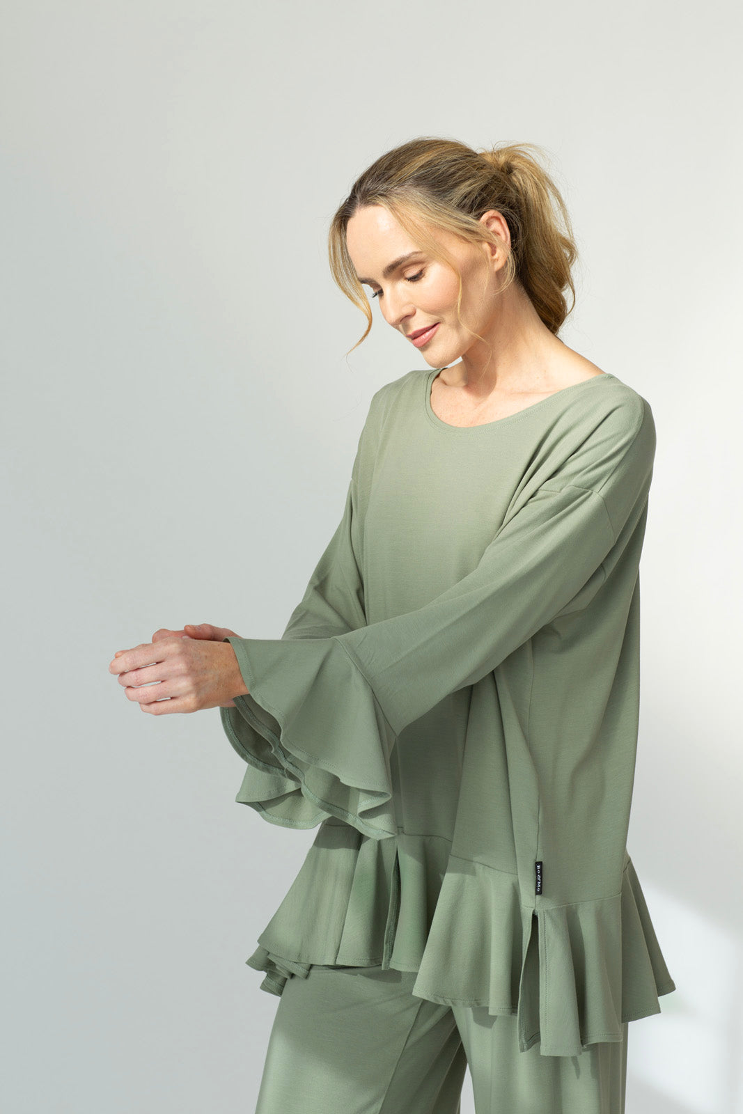 Blair Viscose Jersey Oversize Frill Hem Tunic (Olive)