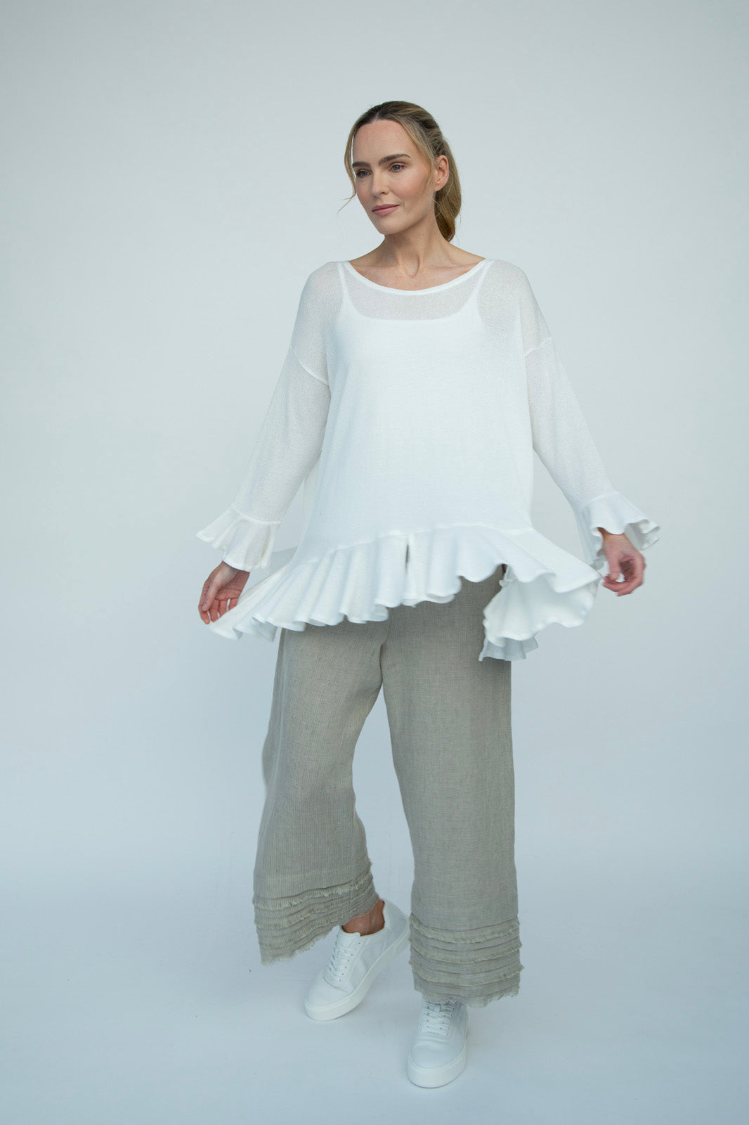 Blair Viscose Knit Oversize Frill Hem Tunic (Soft White)