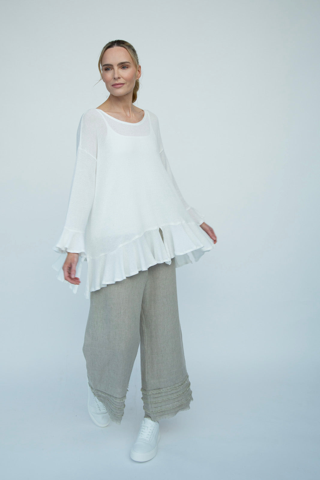 Blair Viscose Knit Oversize Frill Hem Tunic (Soft White)