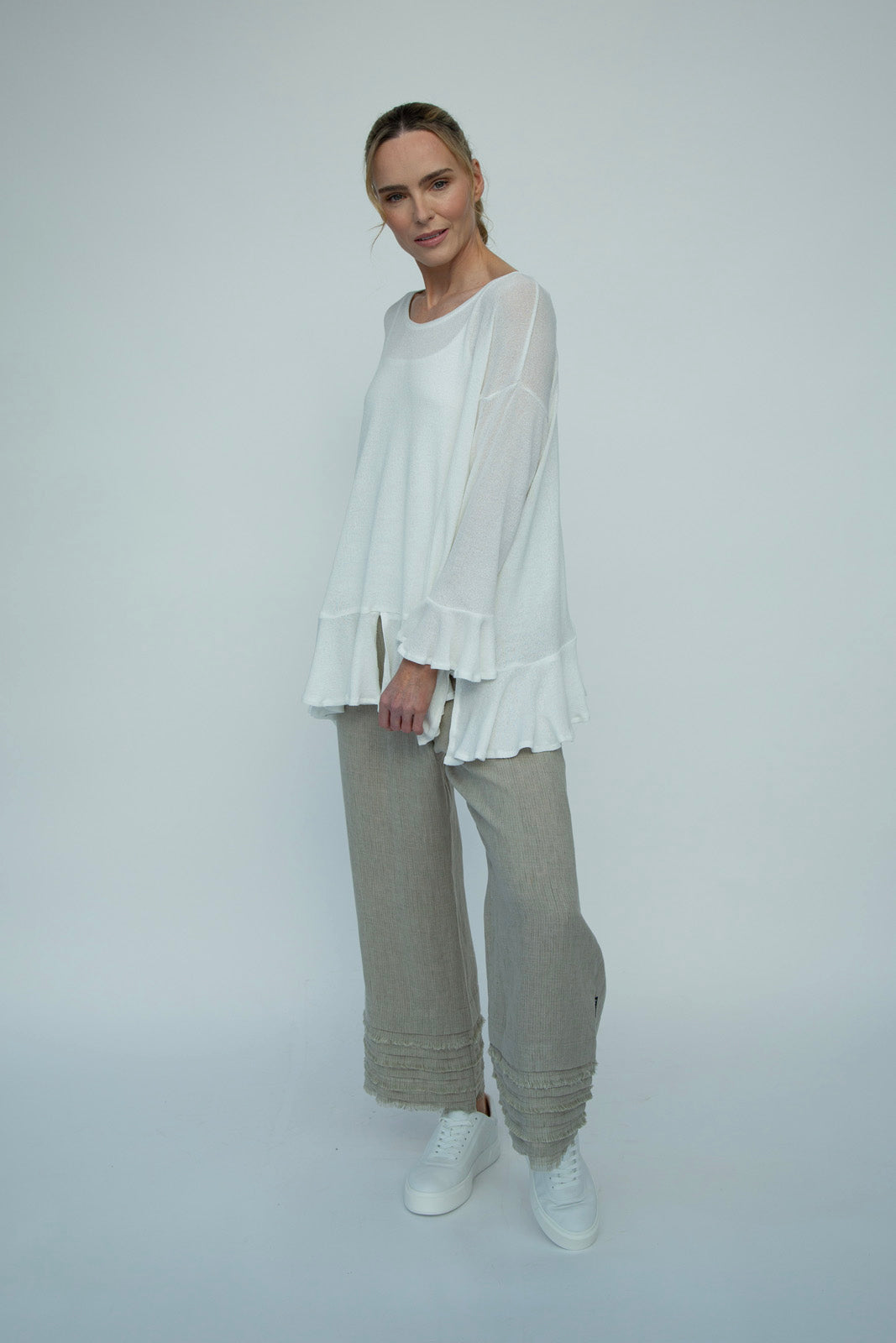 Blair Viscose Knit Oversize Frill Hem Tunic (Soft White)