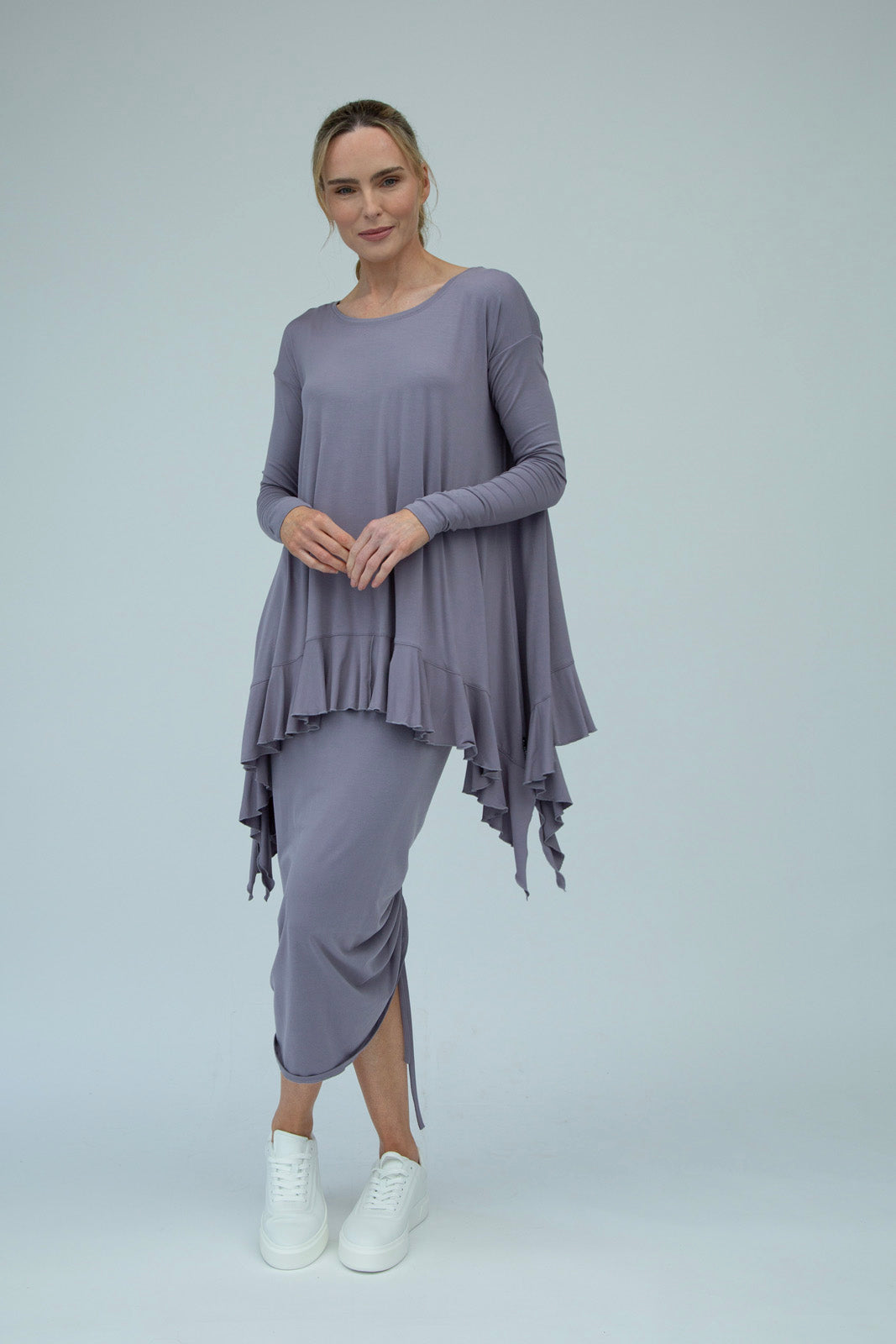 Monique Viscose Jersey Frill Hem Tunic (Silver Frost)