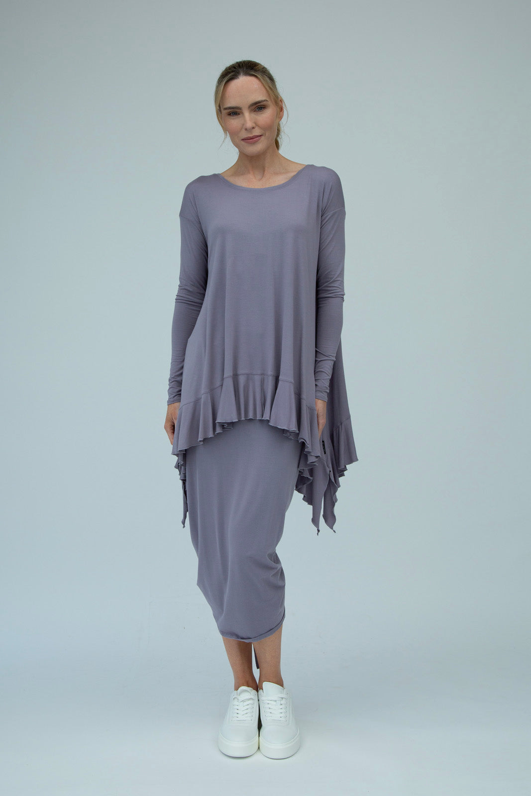 Monique Viscose Jersey Frill Hem Tunic (Silver Frost)
