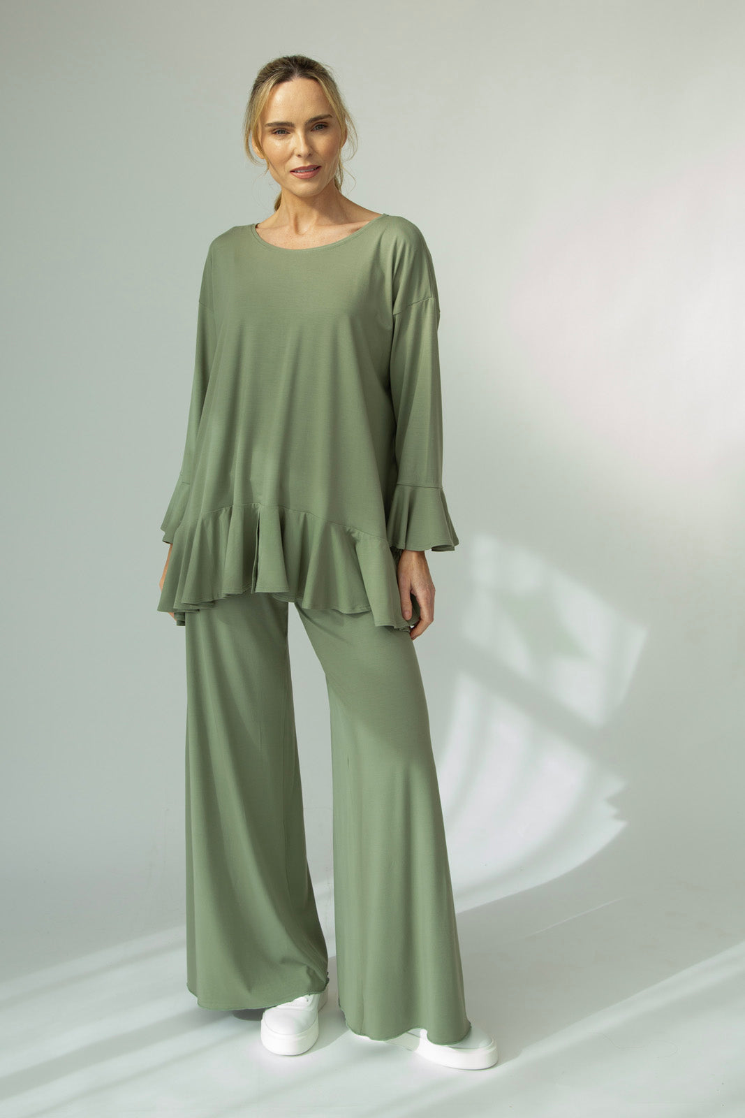 Blair Viscose Jersey Oversize Frill Hem Tunic (Olive)