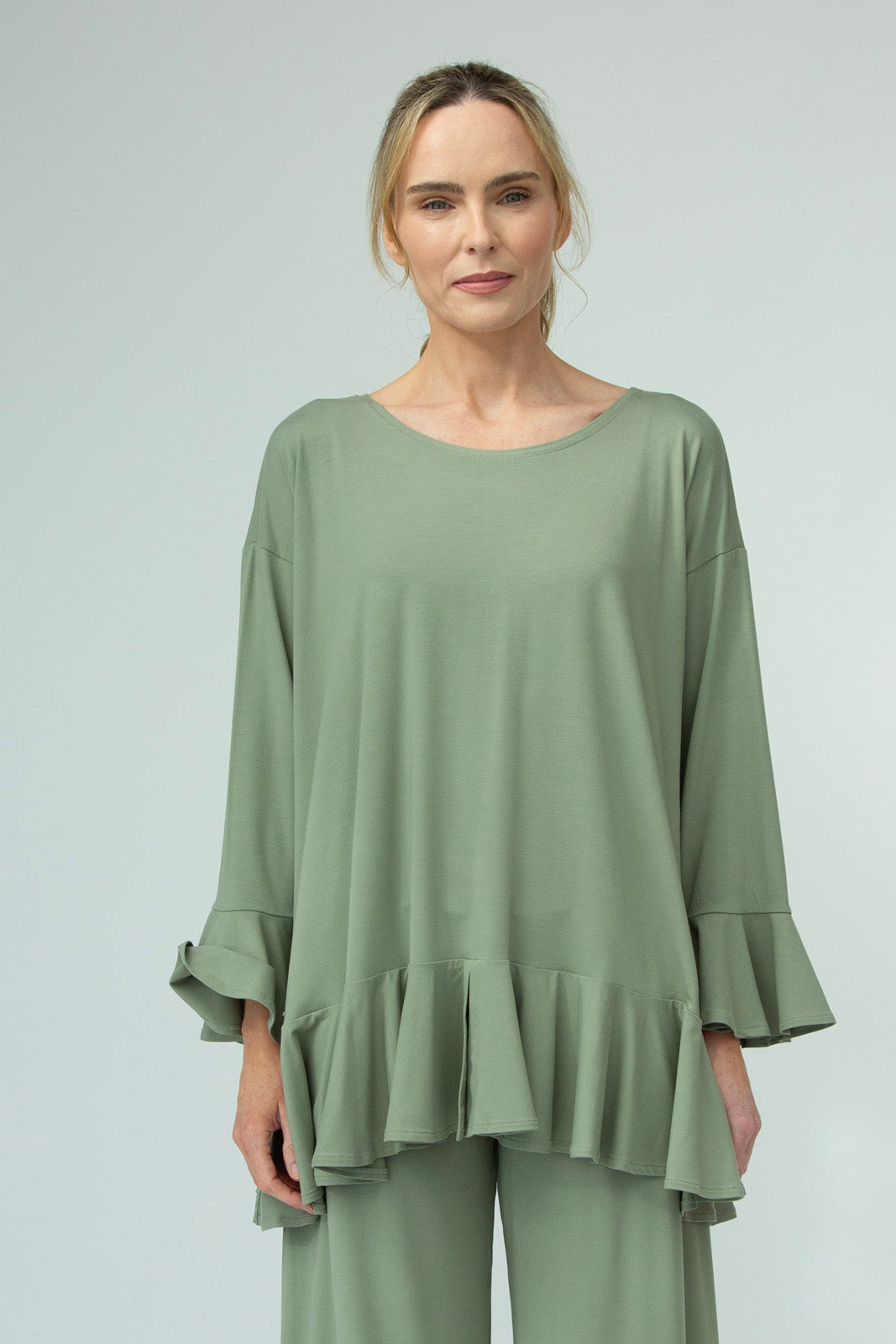 Blair Viscose Jersey Oversize Frill Hem Tunic (Olive)