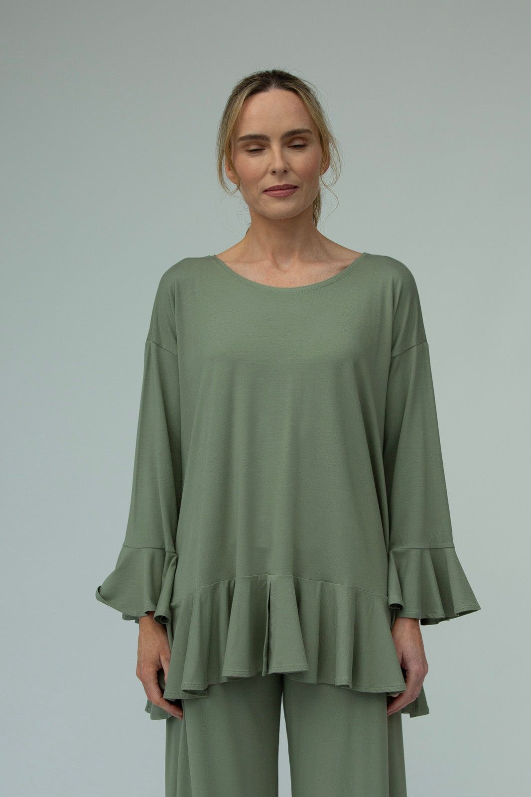 Blair Viscose Jersey Oversize Frill Hem Tunic (Olive)