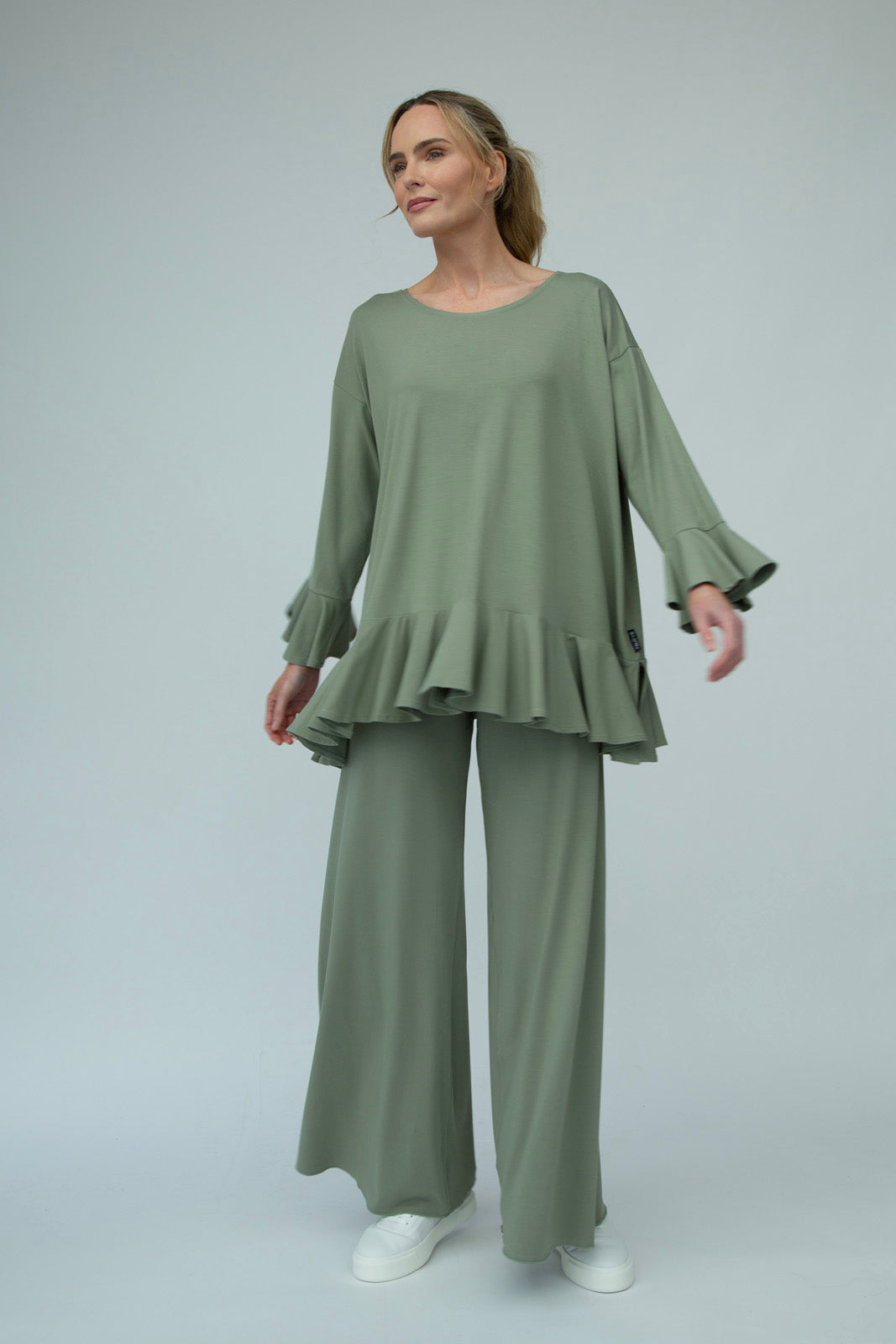Blair Viscose Jersey Oversize Frill Hem Tunic (Olive)